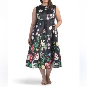 NWT Dalia MacPhee Cascading Floral Midi Dress in Black Sz L